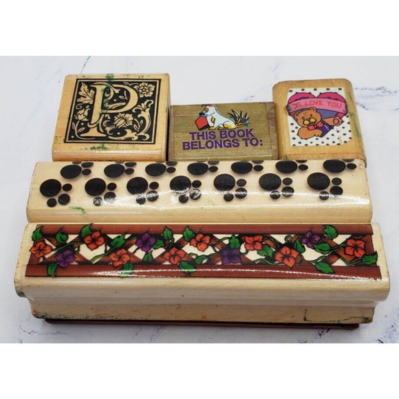Lot of 5 Wood Mounted Rubber Stamps Dogs Bears and Flowers - Picture 1 of 16